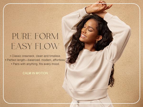 ODODOS Modal Soft Long Sleeve Cropped Sweatshirts for Women Oversized Crew Neck Pullover Crop Top Breathable Comfy