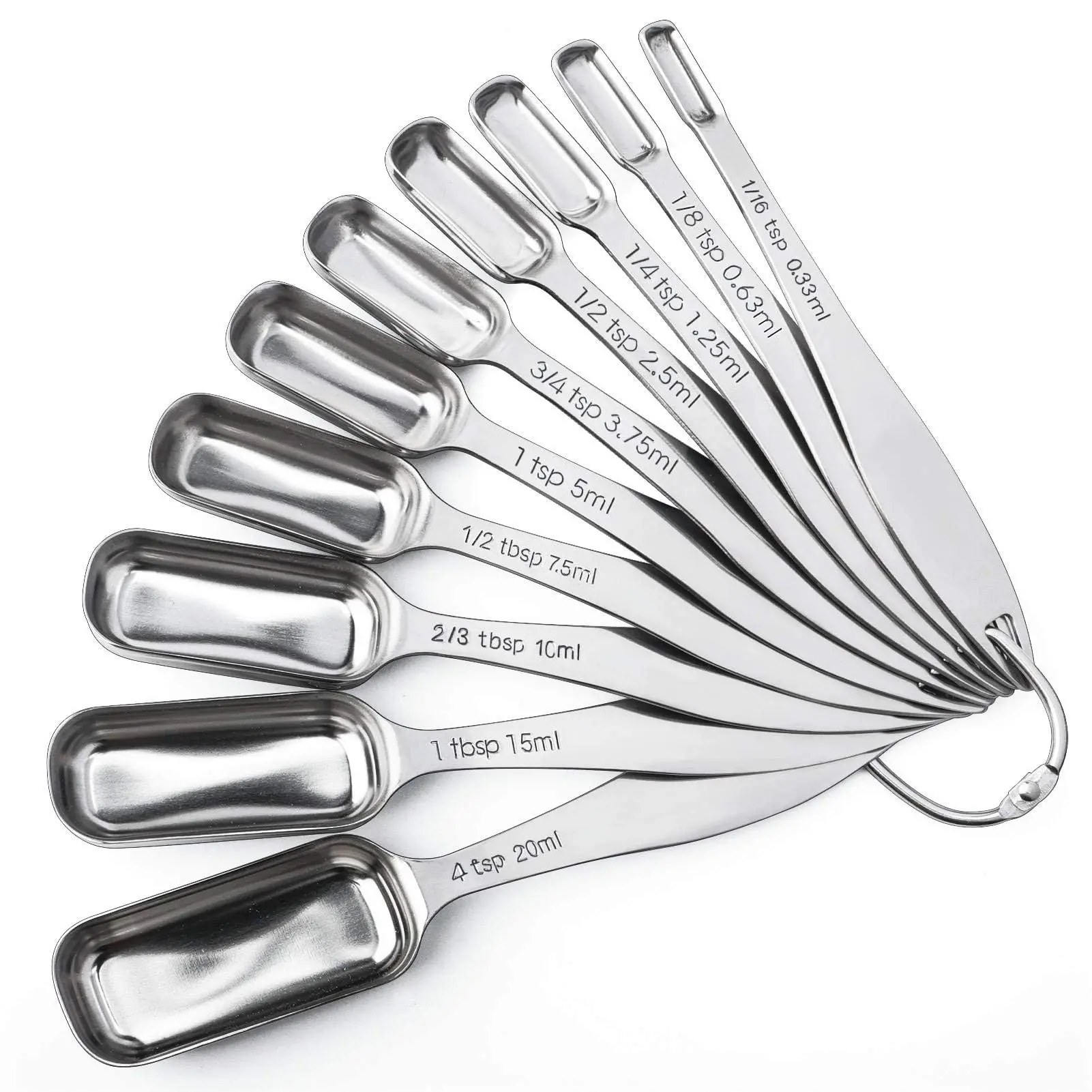 Stainless Steel Narrow Measuring Spoons, Heavy Duty Metal Measuring Spoons with Long Handle and Engraved Measurements Set of 10, For Dry or Liquid, Fits in Spice Jar