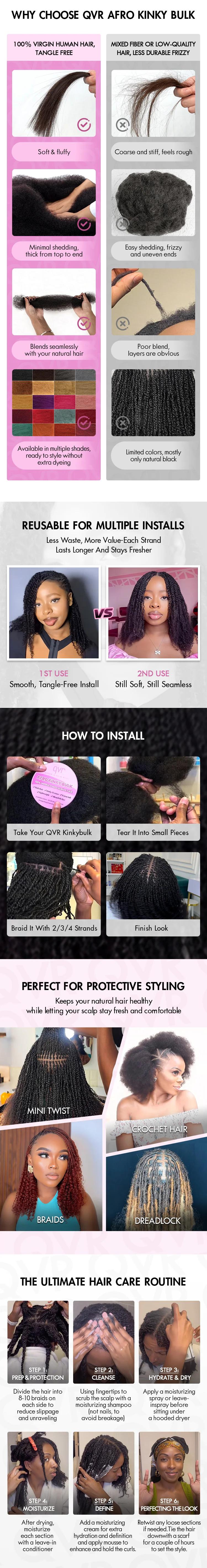 QVR Hair Afro Kinky Bulk Human Hair for Braiding Dreadlock Hair 10-22 Inches Natural Black 3 Packs Curly Big Summer Deals TikTokShopBlackFriday