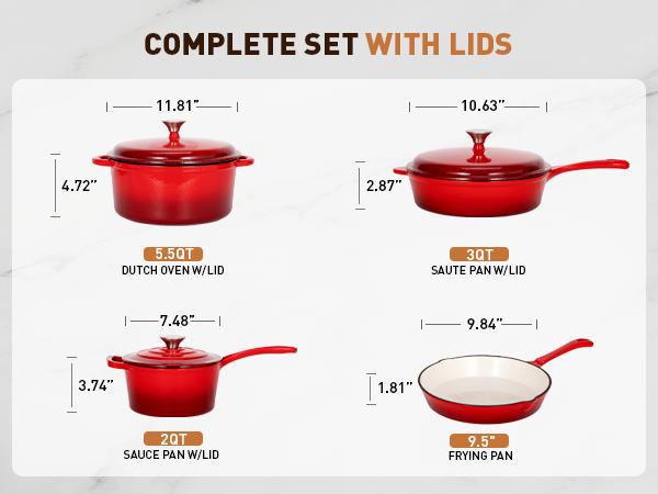 [Summer Vibes] Kitchen Academy Enamel Cast Iron 7 Piece Cookware Set, Dutch Oven Pot with Lid, Red Non Stick Pots and Pans set, Oven Safe up to 500°F Cooking Modern