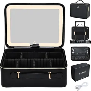 Portable Makeup Bag with LED Lighted Mirror Leather Cosmetic Train Case Travel Vanity Organizer Makeup Artist Storage Bag with Dividers Makeup Brush Holder