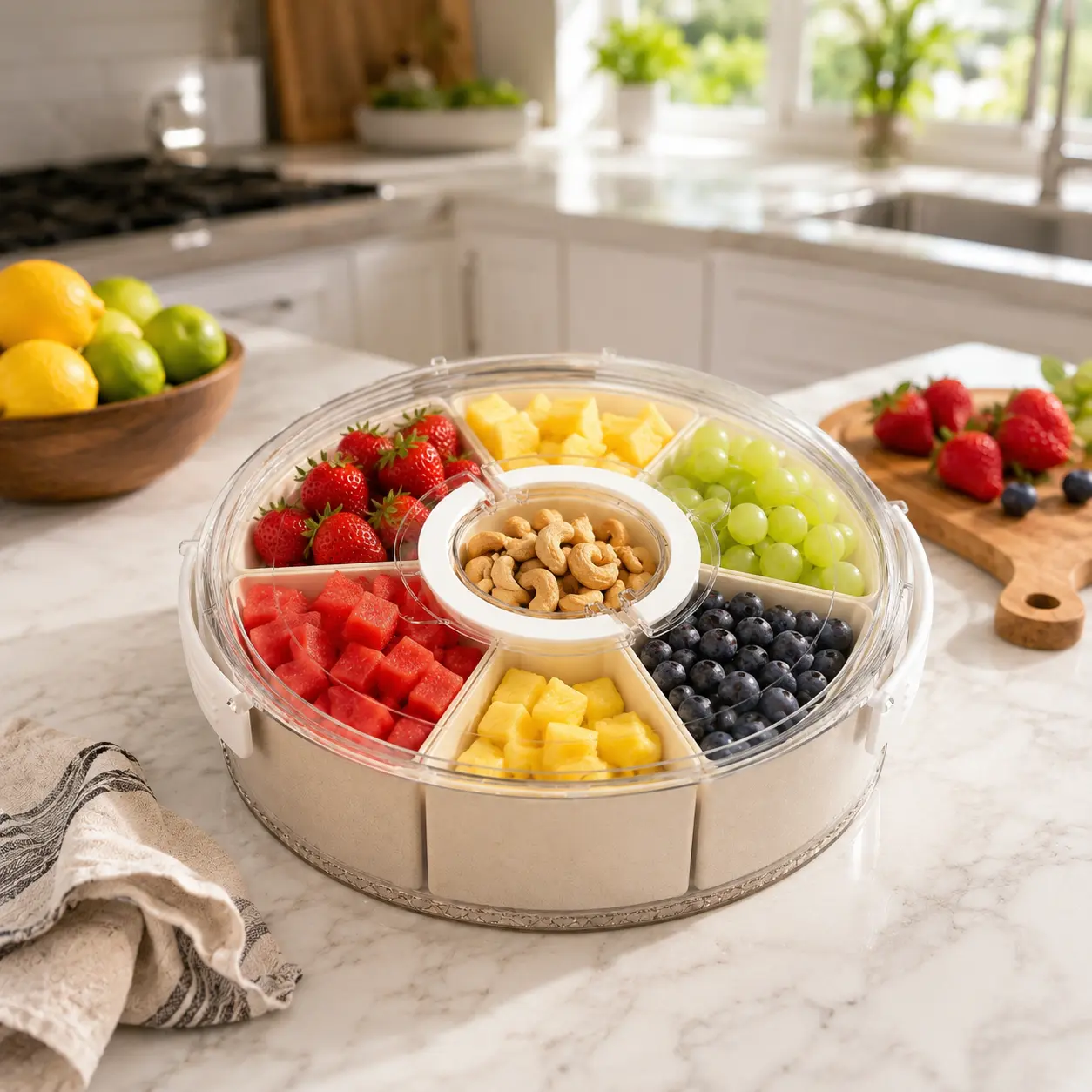 Airtight Round 6-Compartment Snack Organizer Box - 12in Dia, 2.3in Deep, 3in H, 6.7in Long, Sturdy Large Container Food Storage with Handle, Lid, 360° Smooth Spinning Base, Leakproof for Fridge Organization, Game Day