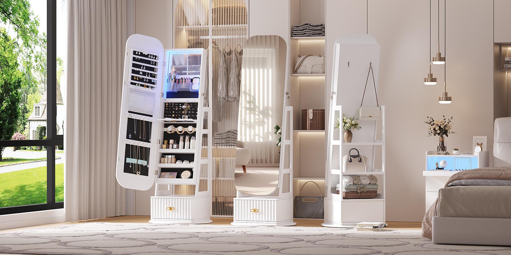 Miuvanity 5-in-1 360 Swivel Jewelry Cabinet with LED Light，Lockable Jewelry Mirror Cabinet，Standing Jewelry Armoire，Frameless Full-Length Mirror，3 Storage Shelves Gift Idea Decor，Mirror with storage