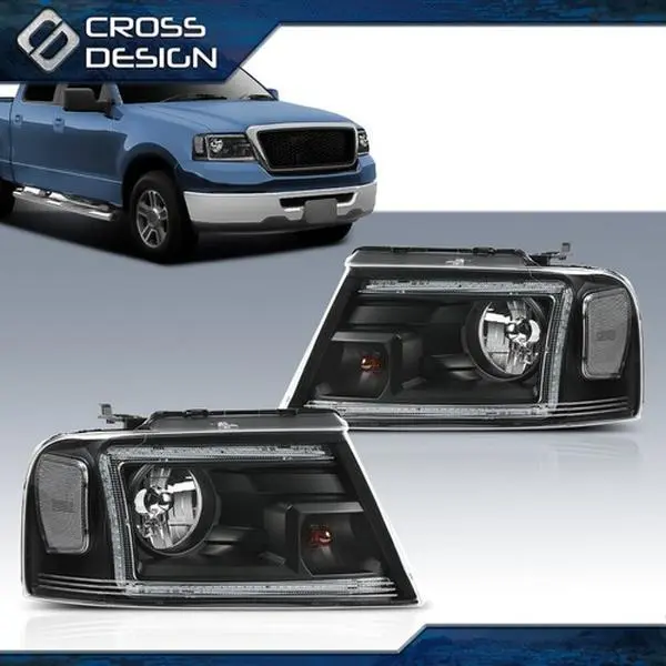 CROSSDESIGN High Quality Halogen Headlights - Black Housing, Easy-Install Replacement, Aftermarket & Halogen Lighting Assemblies & Components, Truck Accessories for 04-08 Ford F150, 06-08 Lincoln Mark LT, Automotive Car Lights, Headlight Replacement