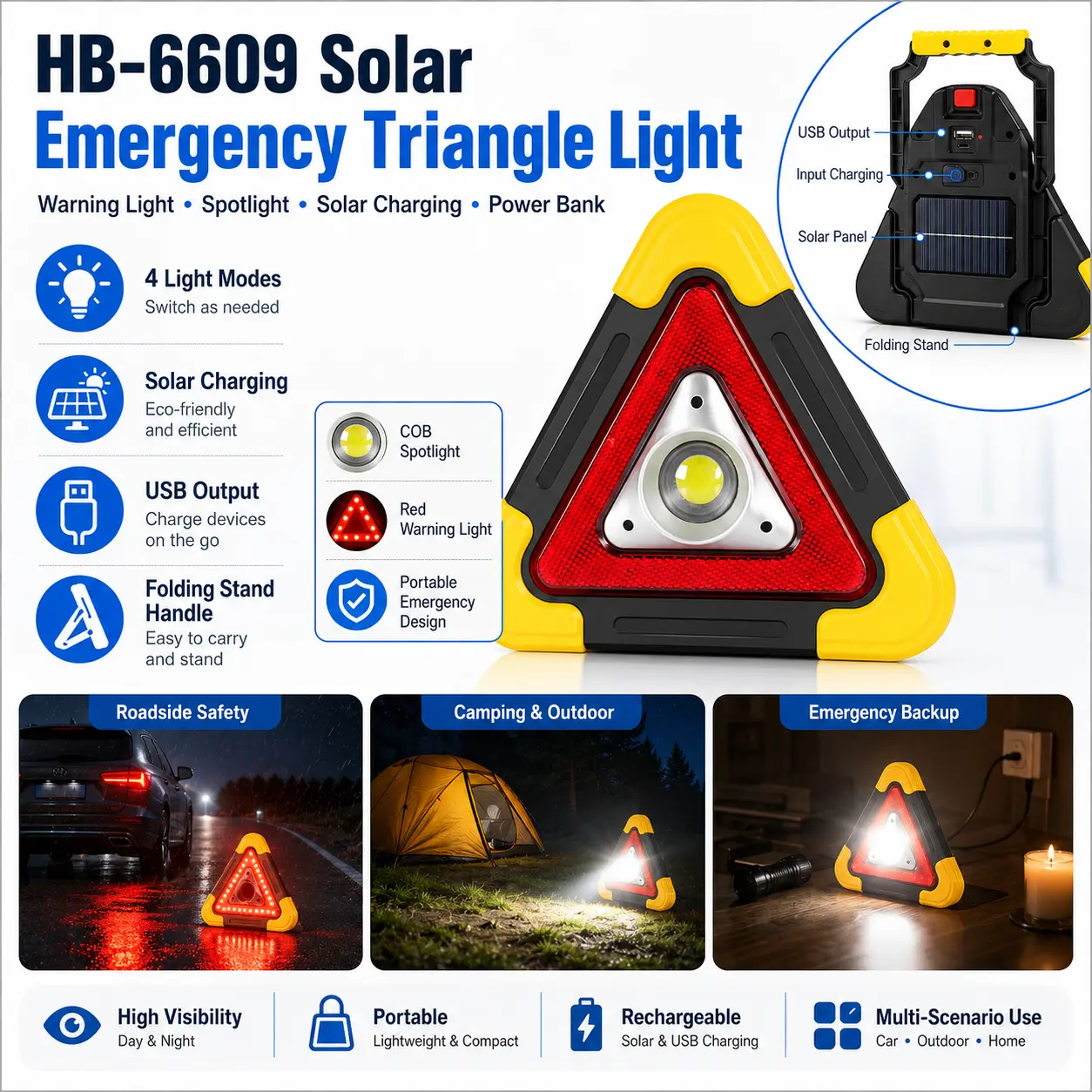 LED Warning Triangle - Solar-Powered ABS Safety Light, 4 Lighting Modes, Foldable Rechargeable Design, Improved Road Protection for Cars/Trucks, Triangle Shape Lighting Alert for Vehicle Breakdowns, Road Safety