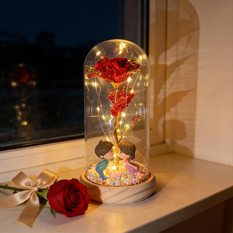 Valentine's Day simulation gilt roses, creative wooden base glass cover with couple dolls, colorful foam balls, AA battery power supply, gift box packaging suitable for Valentine's Day gifts, romantic night lights in home bedrooms Valentine's Day simulation gilt roses, creative wooden base glass cover with couple dolls, colorful foam balls, AA battery power supply, gift box packaging suitable for Valentine's Day gifts, romantic night lights in home bedrooms