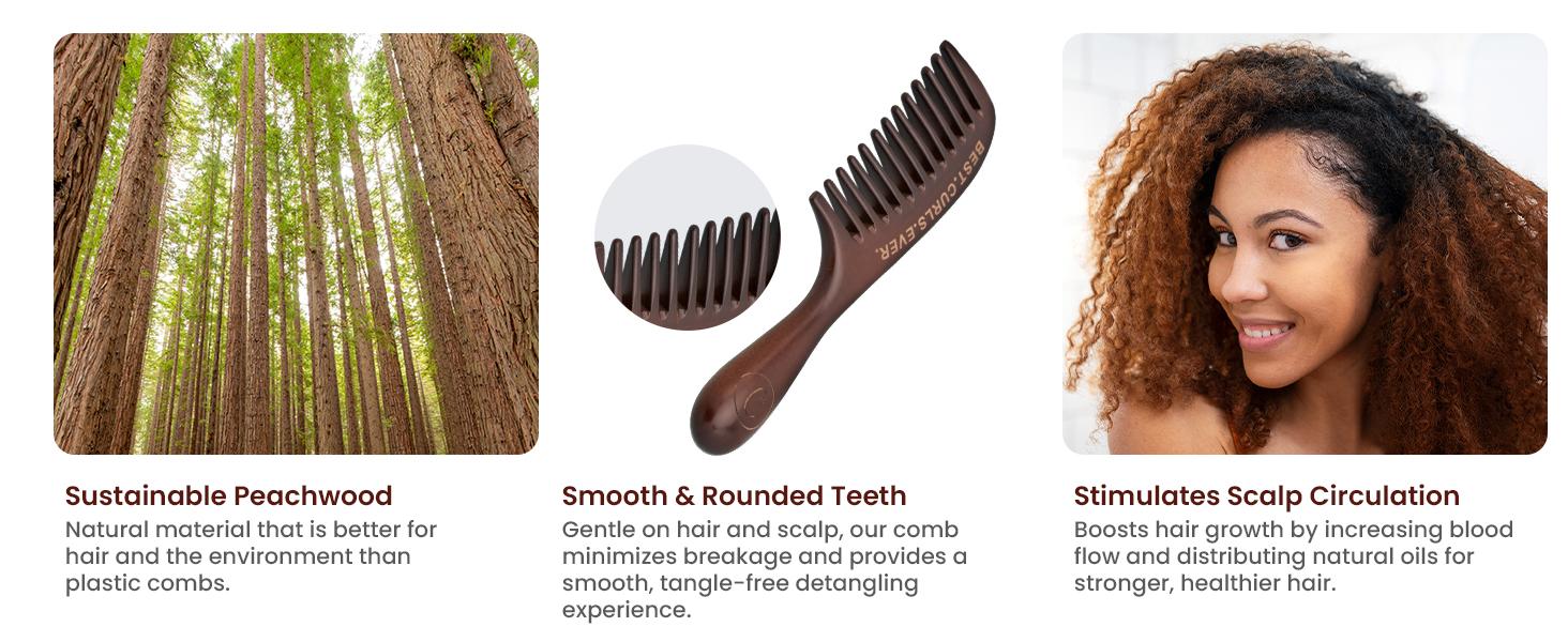Detangling Wide Tooth Comb Scalp and Curl Friendly - Peachwood Anti Static Detangler Comb for Curly Hair Scalp Massaging Comb for Men, Women & Kids