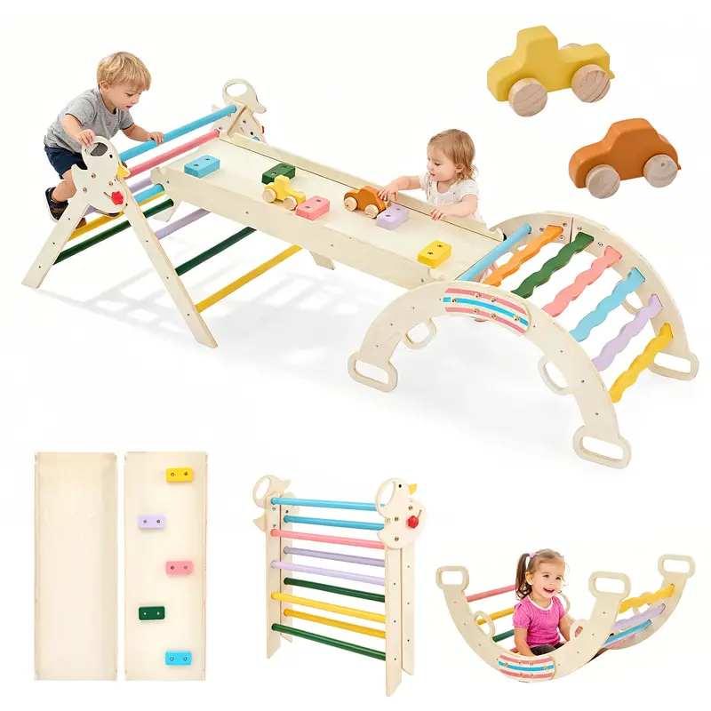 Sweetcrispy 9-in-1 Foldable Wooden Montessori Climbing Set - 9-in-1 Versatile Play Configurations, Indoor Playground Equipment with Arch, Ramp, Ladder, Fold-and-Store Ease for 3-4 Years Toddlers’ Children Development