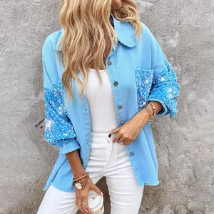 ChicMe Women's Sparkly Sequin Patchwork Denim Shacket Oversized Button Front Raw Hem Casual Jacket