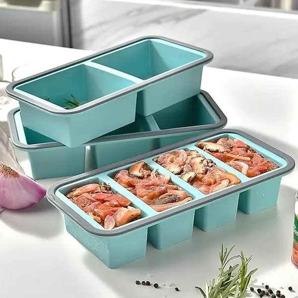 [Buy 1 Get 1 Free, Buy 1 tray with 4 grids and get 1 tray with 3 grids free] Silicone Freezer Tray with Lid - 1 Cup Food Freezer Tray Cubes - Large Ice Cube Freezer Molds -Soup,Sauce, leftovers,Homemade Meal Prep Freezing Baby Food Storage Containers-Aqua