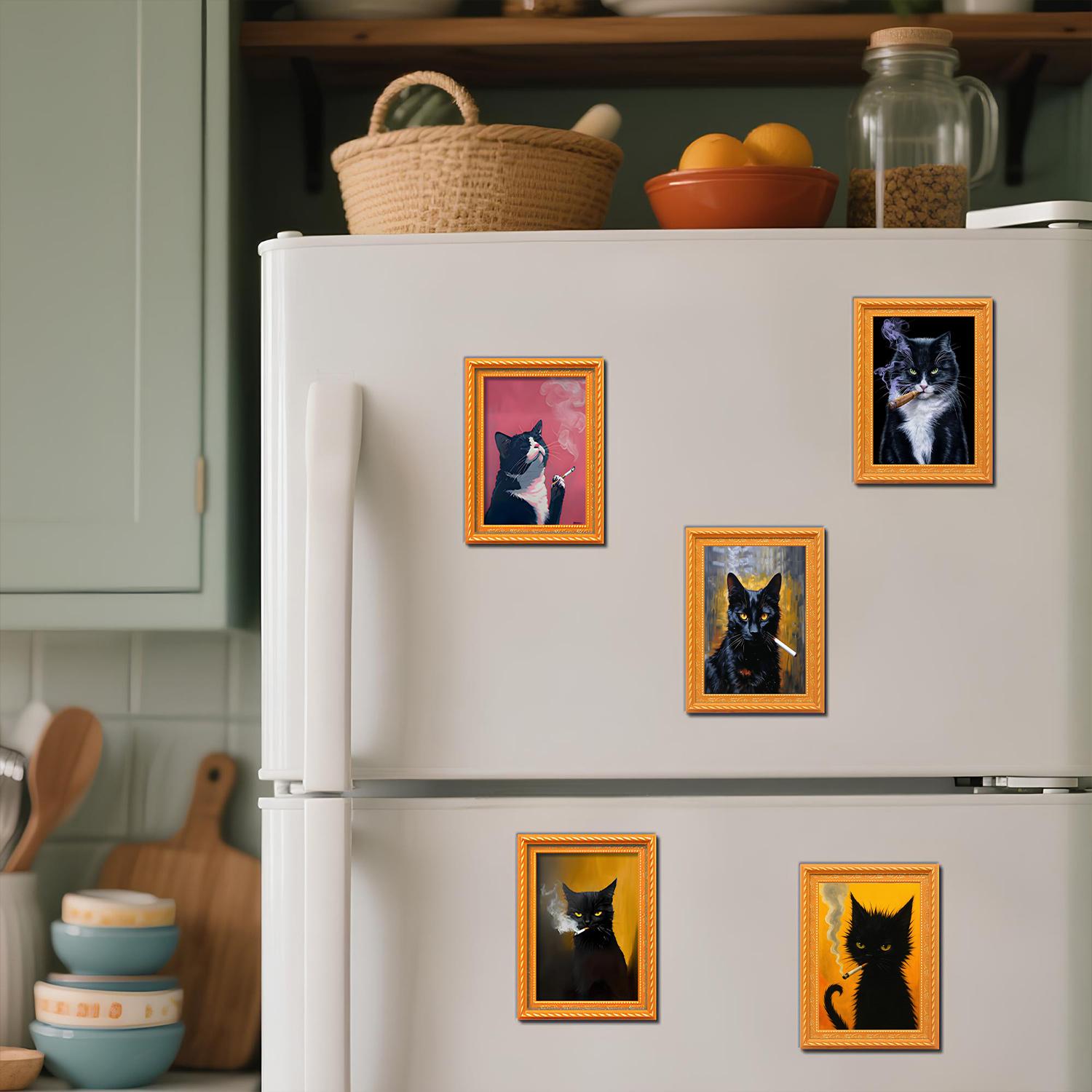 Cute Cat Refrigerator Magnets, Adorable Black & White Cat Design, Funny Wooden Rebellious Cat Smoking Art Print Fridge Magnets, Strong Magnets Refrigerator for Home Kitchen Office Decor