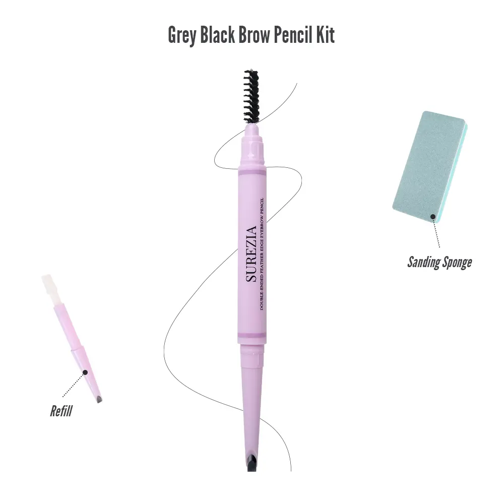 Grey Black Only SUREZIA Feather Edge Brow Pencil 3-in-1 Kit (Pencil + Refill + Sanding Sponge) Dual-Effect Tip for Two Looks Stays Sharp