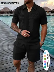 LIFE KEEPS MOVING Spring Men’s Summer V-Neck Short-Sleeve Top and Shorts Set featuring a color-block V-neck design, perfect for outdoor and indoor summer wear—casual yet stylish, regular fit, an essential piece for everyday commuting.
