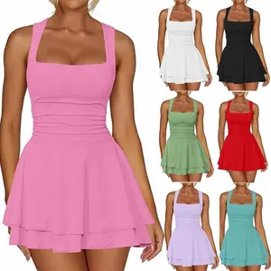 Women's Ruched Waist Party Dress - Square Neck Mini with Ruffle Hem & Bodycon Fit Summer Outfits gorgeous evening dress Casual Fabric Sleeveless Beach