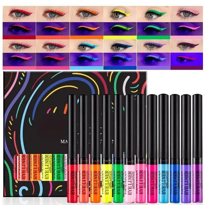 12 Colors Matte Liquid Eyeliner Set Colorful UV Neon Eyeliner Pencil Pigmented Waterproof Smudgeproof Long Lasting Eye Liner Xmas Christmas Festival Makeup Gift Kit for Women
