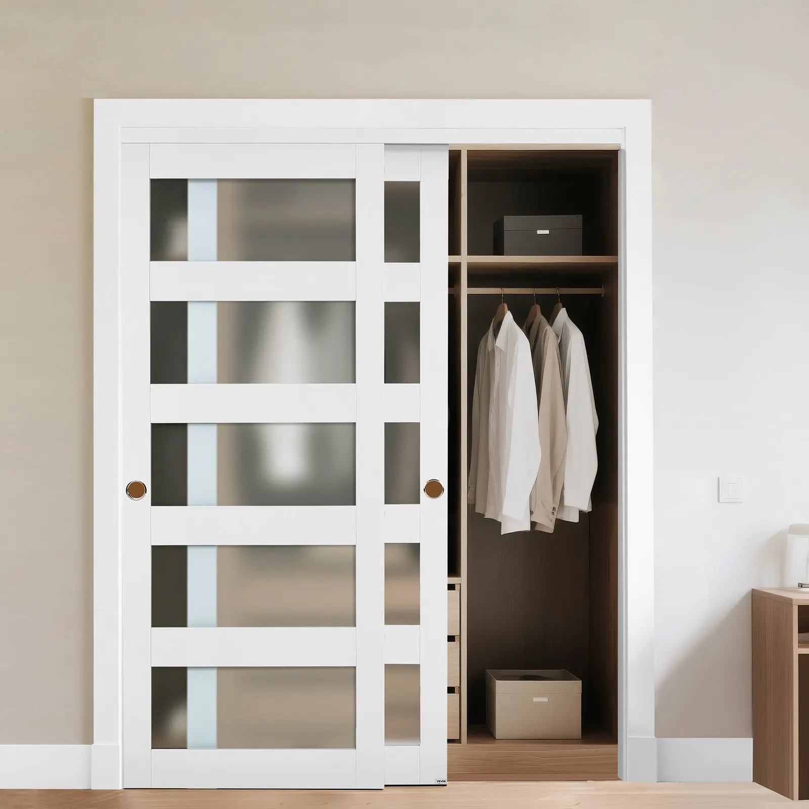 【Summerfinds】VEVOR Double Door Design Sliding Door Closet, 60x80in, 78.19x31x0.87in (Each Panel 198x787x22mm) 5-Lite Frosted Glass, 84.9 lbs Hardware Kit, Floor Guide, Modern Wood&MDF Slab, Waterproof PVC Surface, Lockable for Closets,Bedrooms
