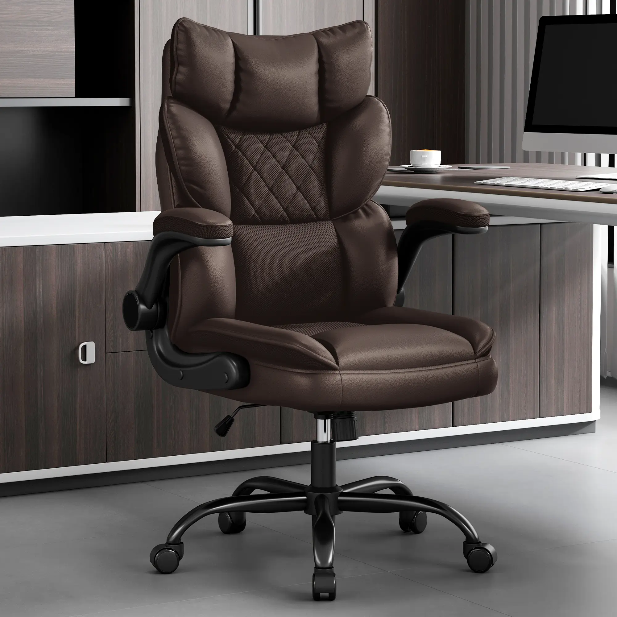 Vonesse Ergonomic PU Leather Executive Chair, Multi-use Gaming & Office Desk Chair, Flip-Up Armrests, Double Padded Backrest & Ventilated Seat Cushion V0568A