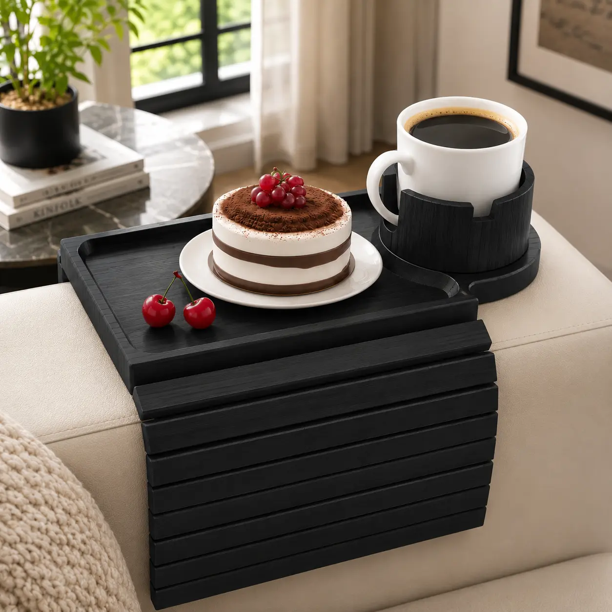 3-in-1 Wooden Sofa Armrest Tray - Clip-On Sofa Side Organizer with Cup Holder, 360° Rotatable Phone Holder, Space-Saving Accessory for Home Living Room Modern Furniture