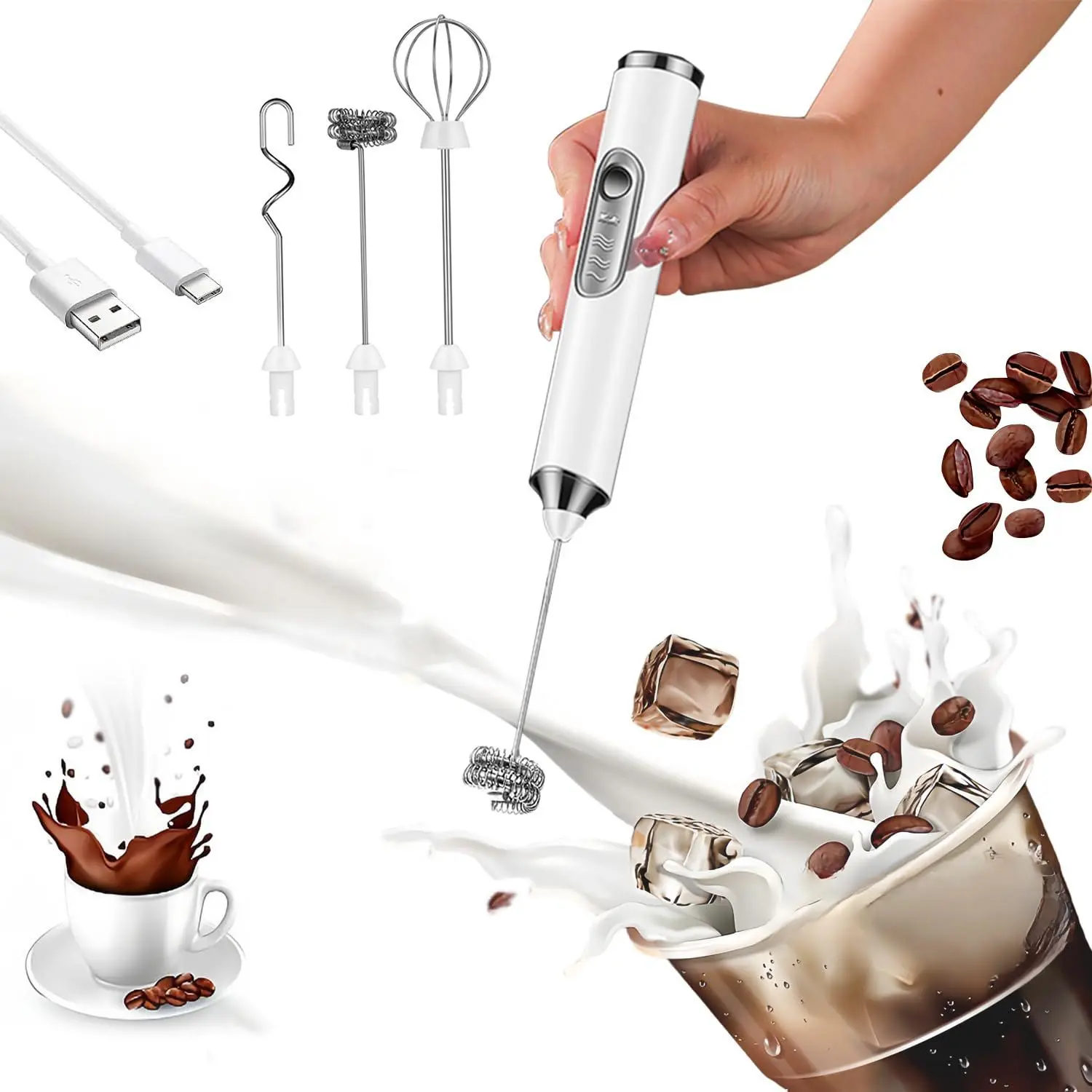 Cordless Milk Frother Wand - USB Rechargeable, 3 Detachable Heads, 3-Speed Settings, Compact Body, 15-20s Foam Blend, Balloon Egg Beat, Battery Reminder for Latte Prep, Environmentally Friendly Electric Handheld Mixer