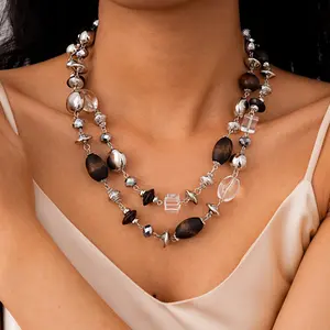 New necklace - Double layer wooden bead glass geometric necklace, a versatile accessory with a light luxury and high-end feel, the best gift, a gift for girlfriends jewelry summervibes