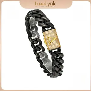 Initial Letter A-Z Cuban Link 14MM Bracelet 18K Gold Plated Black Stainless Steel Miami Thick Buckle Bracelet Hip Hop 7.5in 8.5in bold style