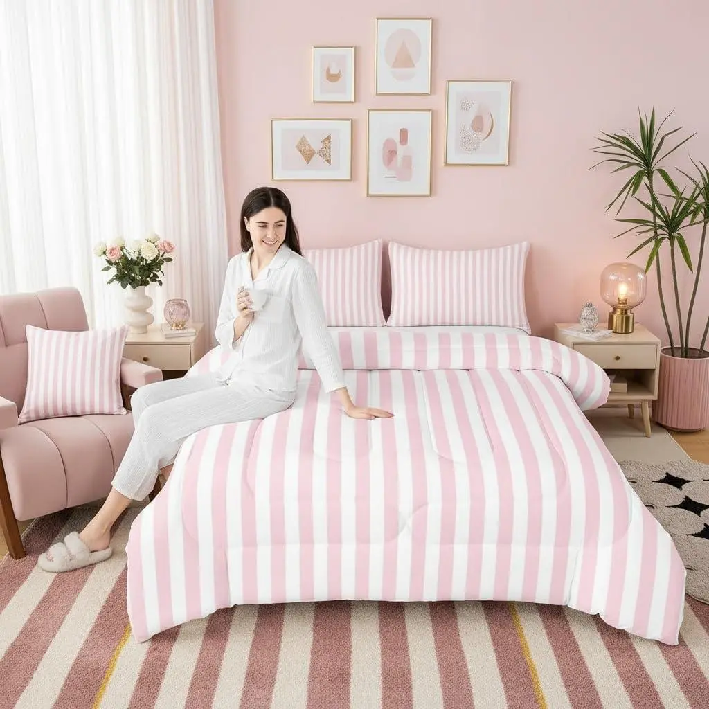 Striped Bedding Comforter Set,Minimalist Vertical Stripes Bedding Set for Adults,Modern Style Pink White Bedroom Quilt Set,Line Art Duvet Insert