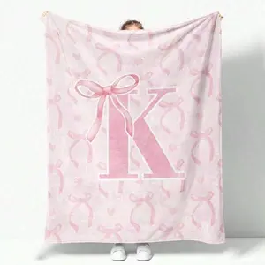 Pink Bow Blanket Personalized K Initial Letter Soft Comfortable Flannel All Seasons Machine Washable Photo Lola Blush Home Comfort Coquette charlotte princess bedroom Gift Funny Face birthday celebration