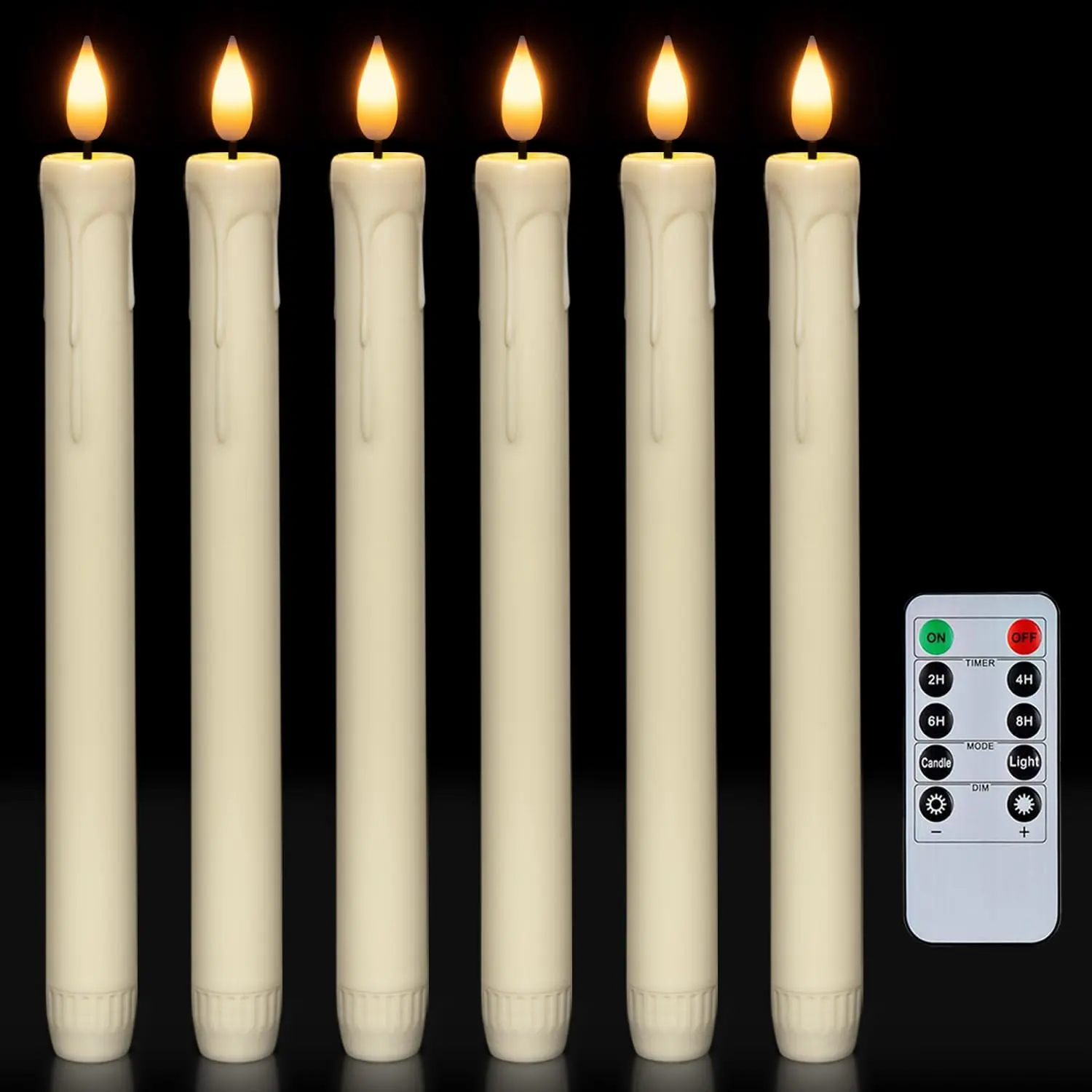 6 Pcs Flameless Taper Candles with Remote, Timer, Dimmer, Ivory Battery Operated CandleSticks with Flickering Light, Plastic Led Window Candles, 9.6 Inches for Halloween Christmas Decoration