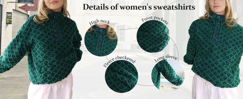 Songling Women's Plaid Fleece Sweatshirt Long-Sleeve High-Neck Sherpa Hooded Jacket Winter Pullover with Kangaroo Pockets Casual Flannel Tops