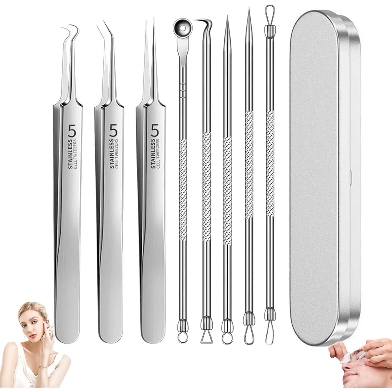 8PCS Stainless Steel Beauty Care Tools, Facial Precision Kit with Protective Storage Case, Elegant Skincare Accessories Set