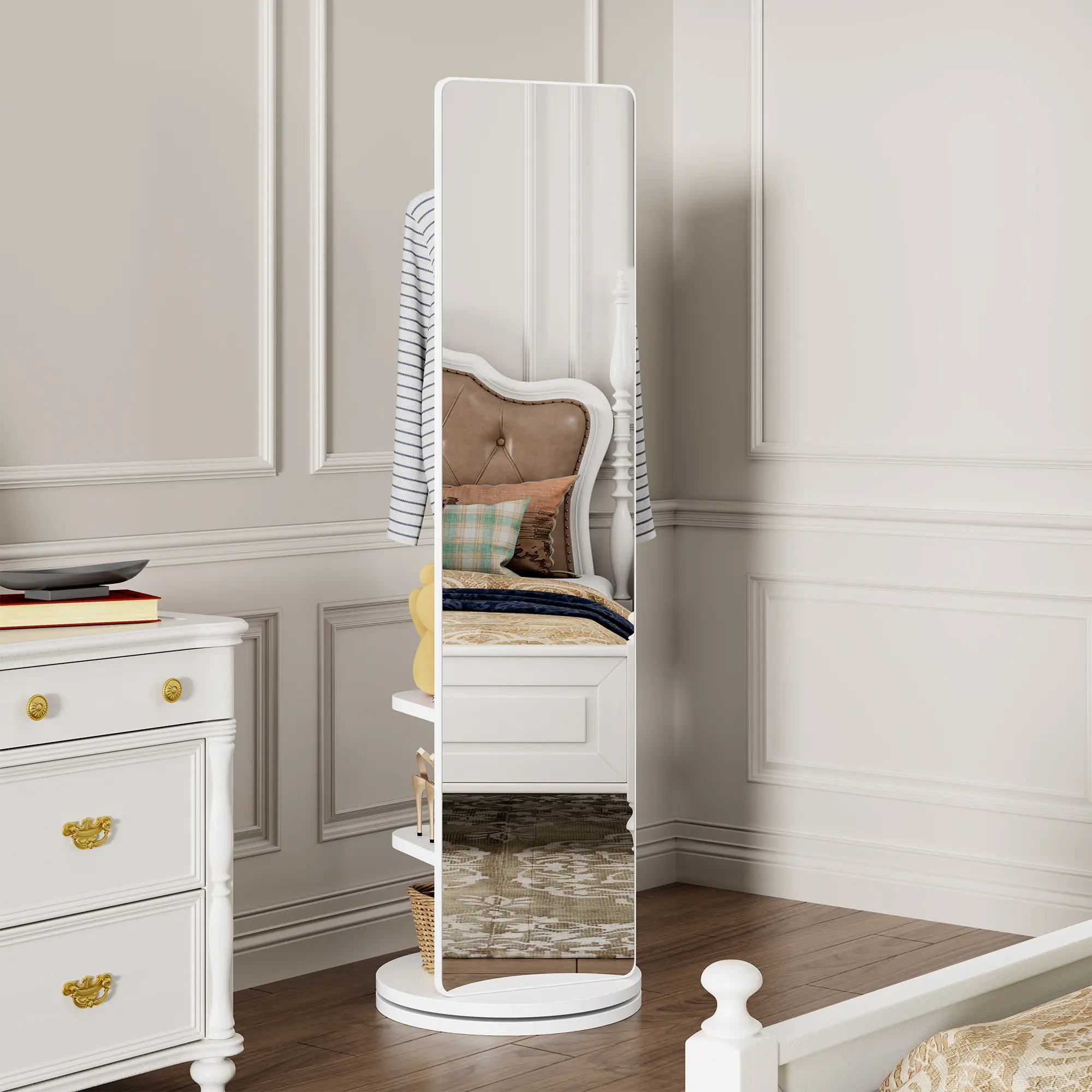 360° Rotating Full Length Mirror with Storage – 66"x14" Solid Wood Frame, Freestanding Dressing Mirror with Hooks & Shelves, Space Saving Organizer for Bedroom or Entryway, White