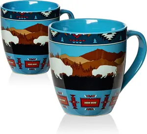 Nu Trendz Aztec Coffee Mugs Set Of 2 20oz Large Ceramic Mugs With Handle For Latte Hot Tea Cappuccino Mocha Cocoa Microwave Dishwasher Safe Bison Cow Pattern Drinkware