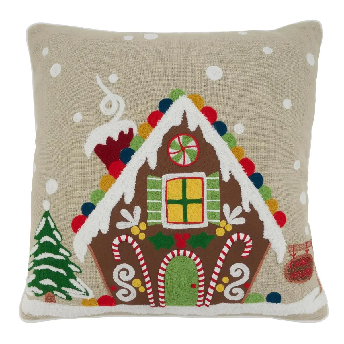 212 MAIN SARO 1171.N18SP 18 in. Square 100% Cotton Gingerbread House Throw Pillow with Poly Filling, Creative Decorative Cushion, Durable Cushion, Christmas Vibe Natural Material Seat Accessory, Durable Cushions