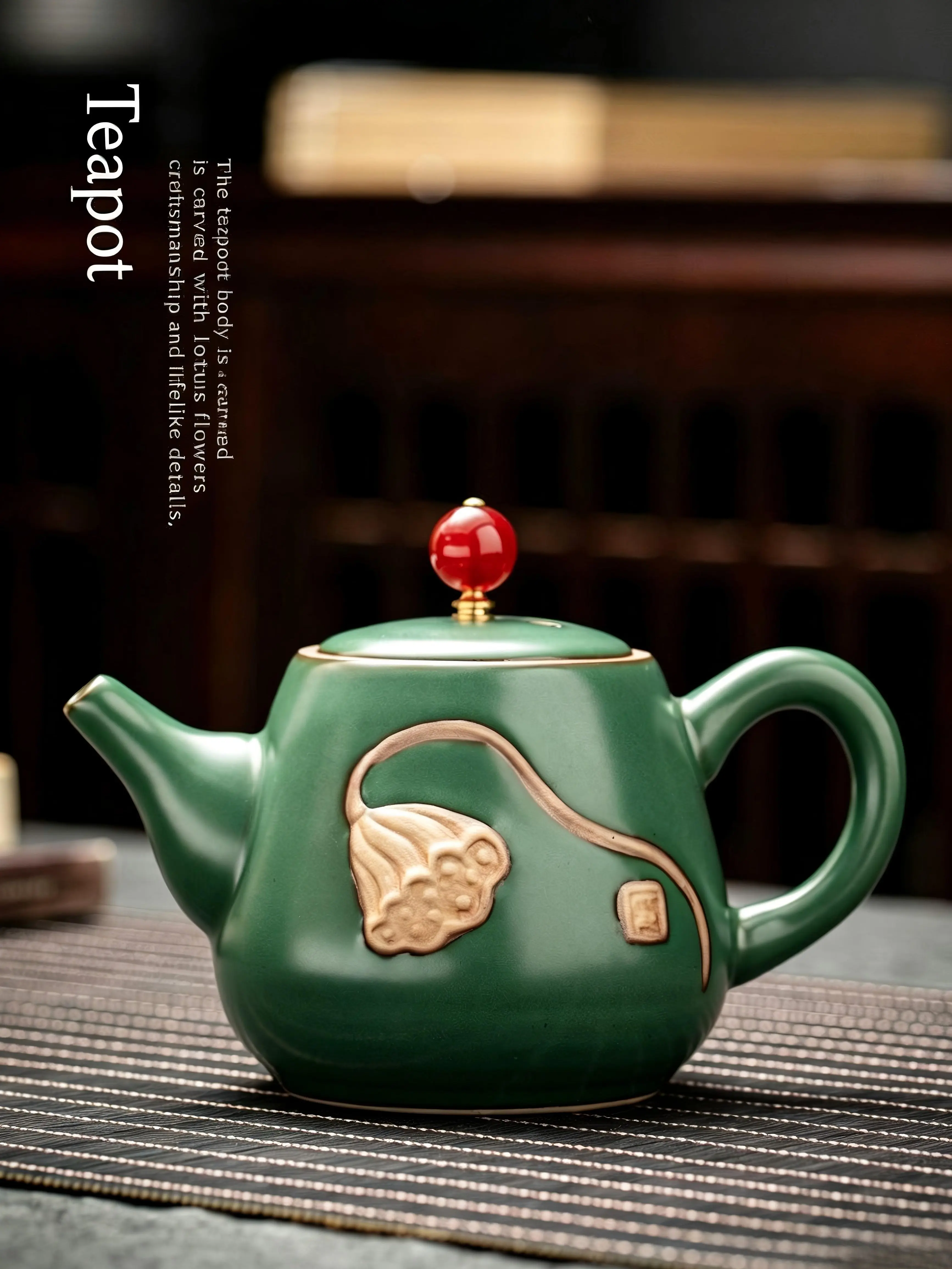 300ml Traditional Celadon Green Glaze Embossed Zen Lotus Seed Pod Gongfu Teapot - Sturdy Oriental Buddhist Ceramic Tea Pitcher, Smooth Spout, Well-Balanced Body, Kitchenware (0-500 ml Range), Birthday Gift for Cultural Pottery Collectors, Peace, Pour, Liv