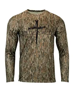 TRENZ SHIRT COMPANY Redeemed Cross Nails Men's Christian Oxford Performance Camo Print Long Sleeve T-Shirt Casual Menswear Breathable Fabric Crewneck Top