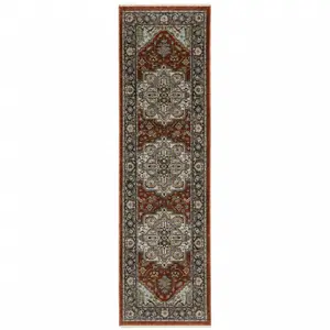 HomeRoots 508066 2 x 8 ft. Blue Beige Gray Gold Green & Rust Red Oriental Power Loom Stain Resistant Runner Area Rug with Fringe
