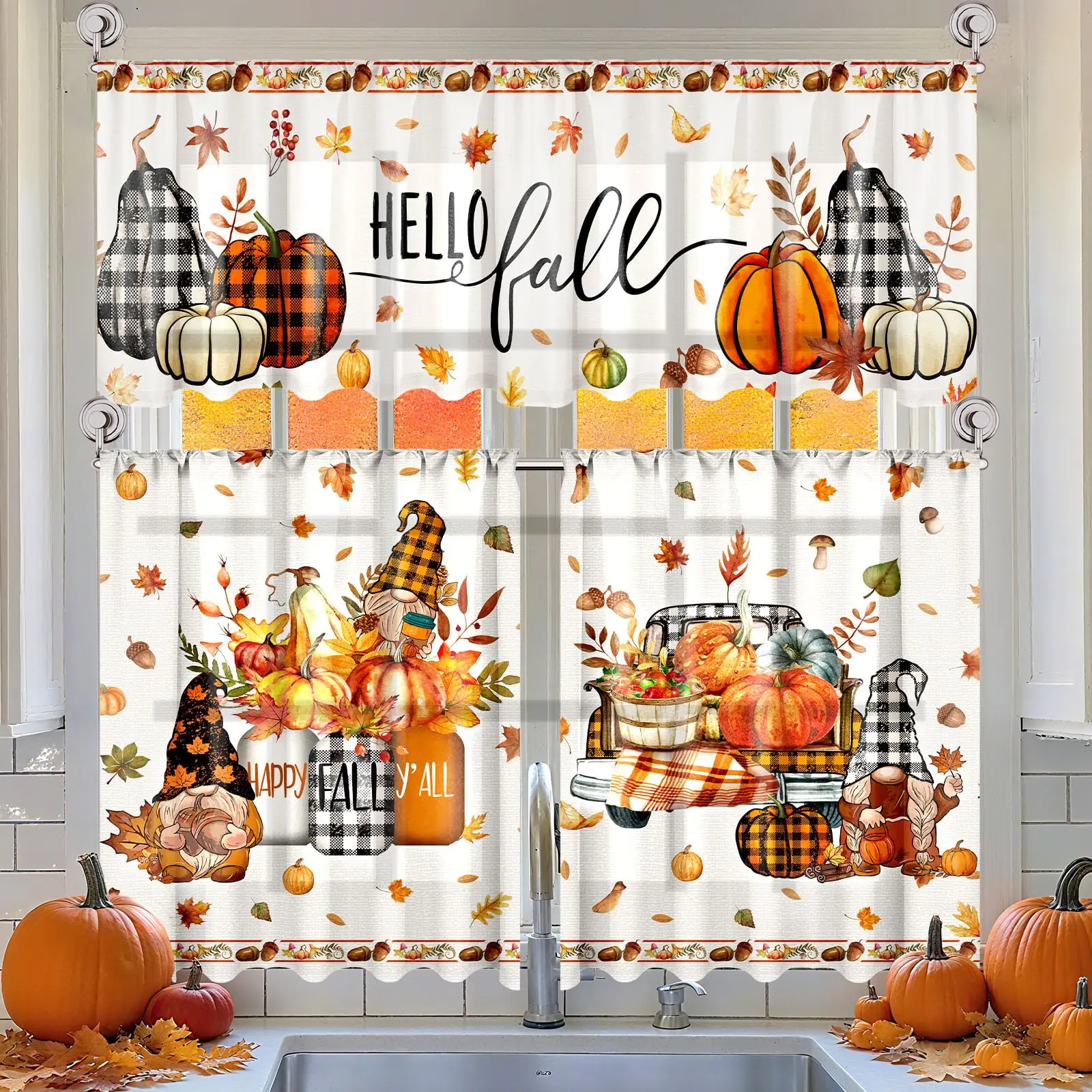 3 Pcs Fall / Halloween Kitchen Curtains Valance Tiers Set for Halloween Decor Fall Home Decor Spooky Season Trick or Treat Hello Fall Maple Pumpkin Season Skull  Bat Design Window Curtains for Bedroom Living Room Home Decor Thanksgiving Christmas Decor