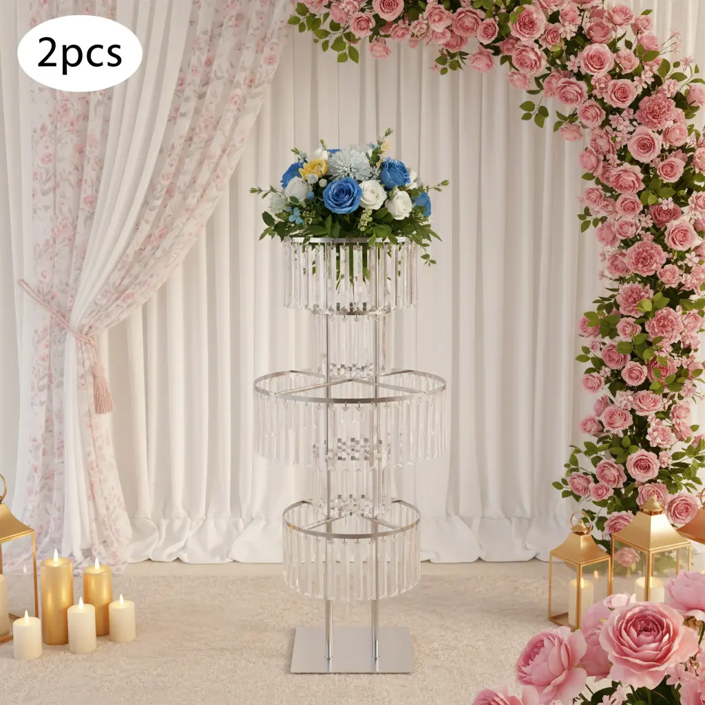 Electroplated Iron & Acrylic Flower Stand Set (2-Pack) - 3-Round-Tier Indoor Furniture with Square Base, Floor/Tabletop Display, Requires Setup for Wedding Garden