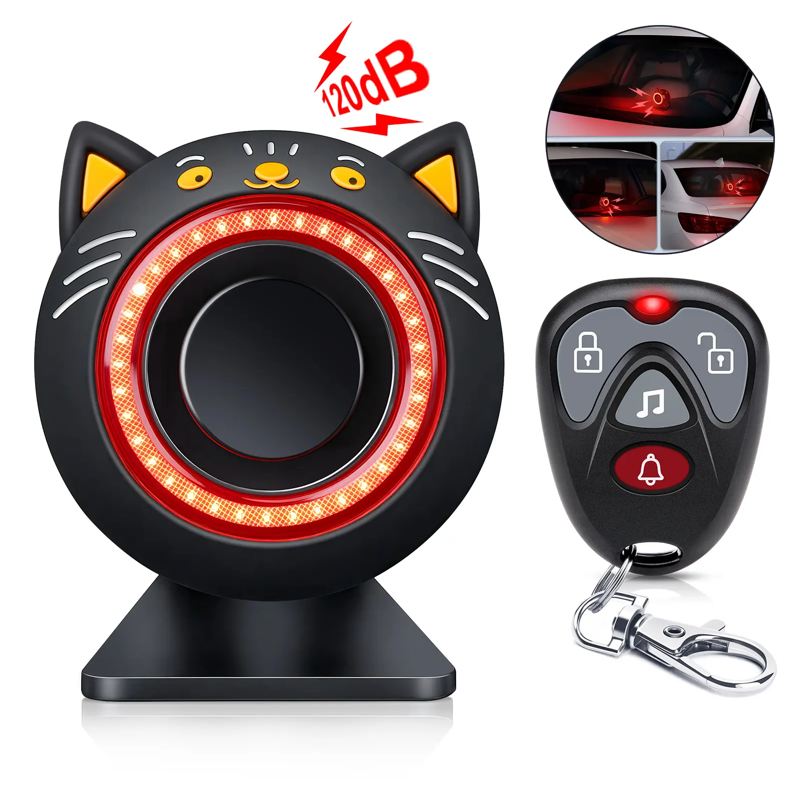 120db Auto Security Alarm System with Remote Control, Rechargeable Motion Detection Alarm Motion Sensor Sound and LED Lights Alarm, Cute Cat Design, Wireless Security Alert Lamp