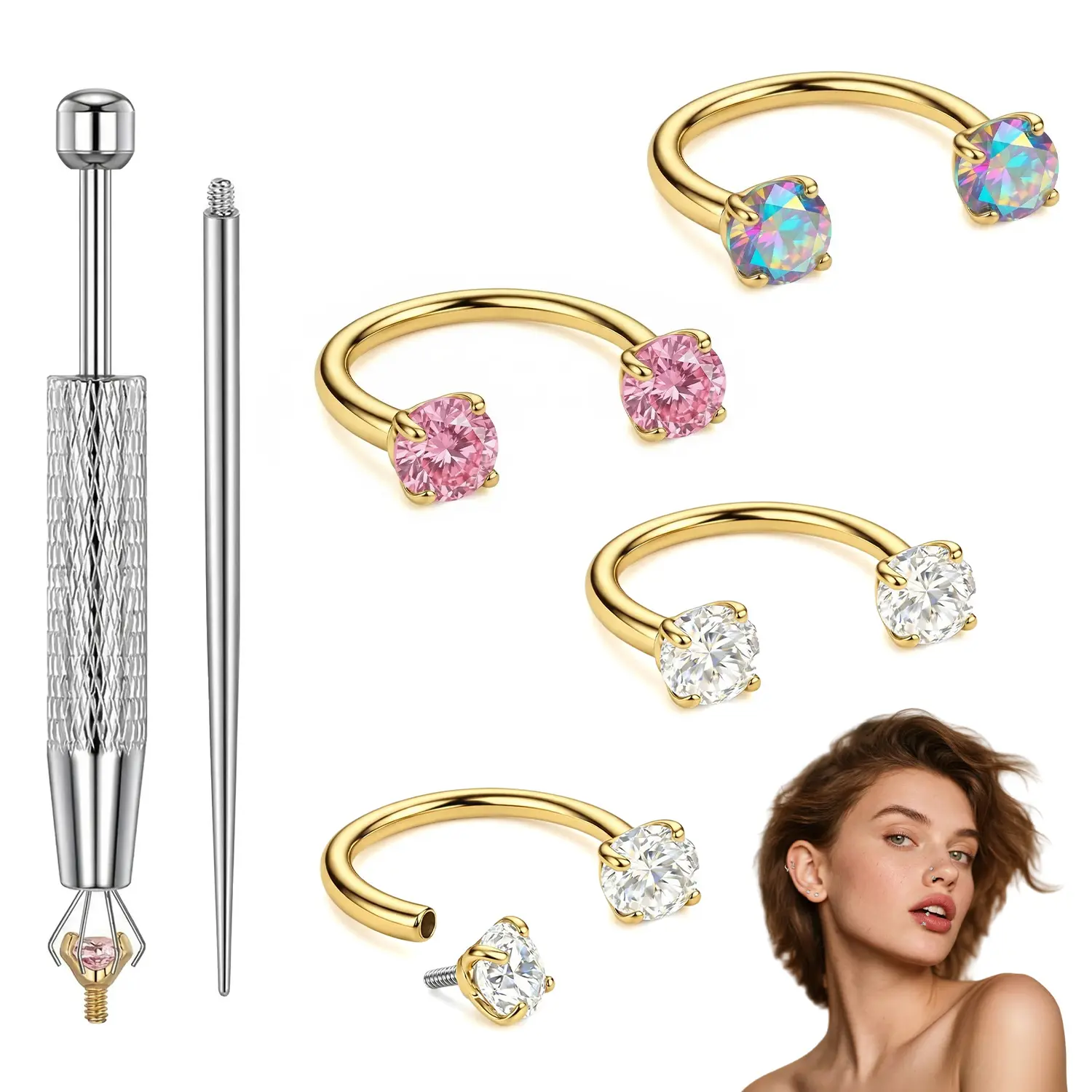 YLNWH 18G Titanium Steel Nose Rings Set – Internally Threaded Horseshoe Hoop with Gems, Surgical Grade, Includes Insertion Tool