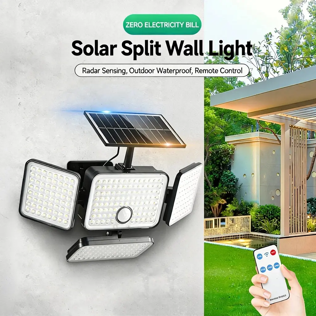 CTM 4-Head Solar Flood Light - LED Outdoor Lamp, 4000mAh Battery Cells, 3500LM Super Bright, IP65 Water Resistant, Wireless, 3 Modes, ABS PC Body Outdoor Safety Lighting for Backyard, Garden, Solar Pathway Lights, Batteries