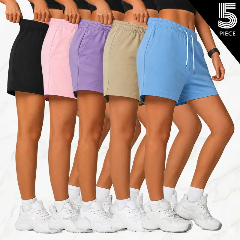 Pack of 5 women’s solid-color basic casual home shorts. Available in 6 colors. Soft and comfortable. Trendy colors. Basic style. Drawstring waist. It can be worn as loungewear. Women's sleep pants. Summer Yoga Shorts for Sports