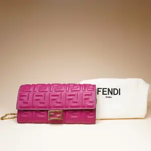 Pre-owned FENDI LEATHER Small Leather Goods Nappa Matisse FF Embossed Continental Wallet On Chain Ciclamino Pilar