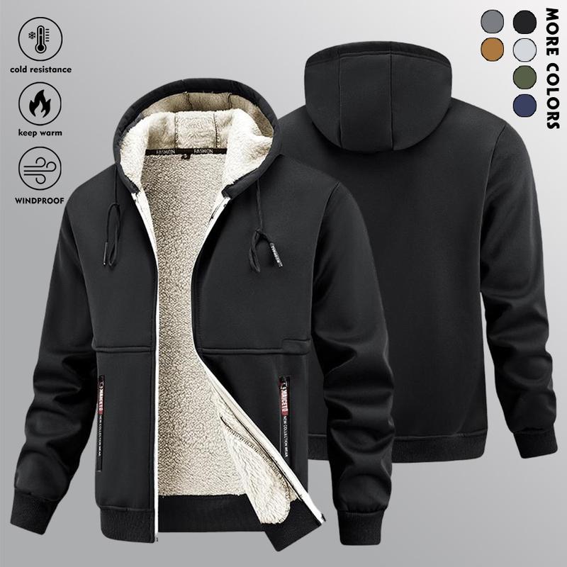 Men's fleece-lined zip-up jacket with hood, warm and cozy for winter weather, featuring pockets and soft fabric, perfect for gym, skiing, outdoor activities - machine washable cold weather apparel Casual