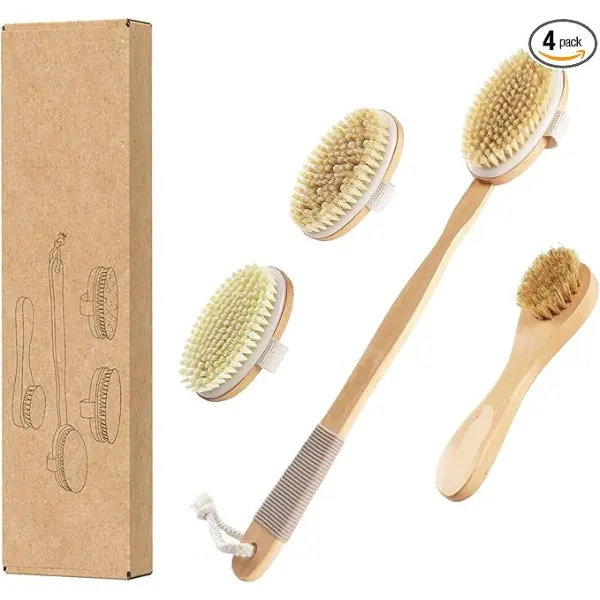 Dry Brushing Set with Natural Boar Bristle Body Brush & Face Brush Wooden Long Handle Dry Brush for Exfoliating Cellulite Massage Lymphatic Drainage Dead Skin Removal Detachable Handle with 3 Brush Heads