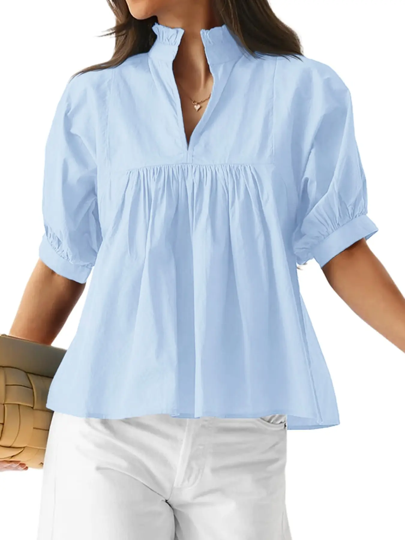 Aswulk Womens Summer Babydoll Tops V Neck Short Puff Sleeve Peplum Shirt Loose Fit Casual Pleated Blouse