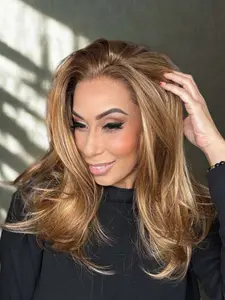 MACA BAKA Hana Golden Caramel Honey Melt Layered Highlight Lace Front Wig with Scandinavian Hairline 16 Inches Medium Length Low Density Natural Wavy Mixed Light Brown Blonde HD Synthetic Lace Front Wigs for Women Pre Plucked