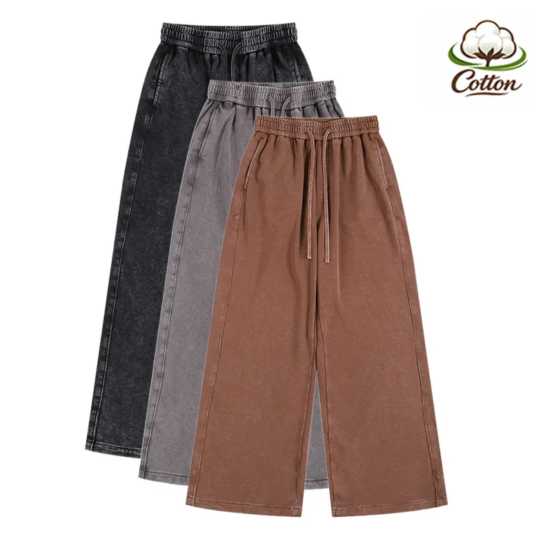 American heavyweight 100% cotton washed distressed straight-leg men’s sweatpants, loose wide-leg casual athletic pants featuring a snowflake pattern in retro style, long length, soft, comfortable, and breathable, available in multiple colors, suitable for