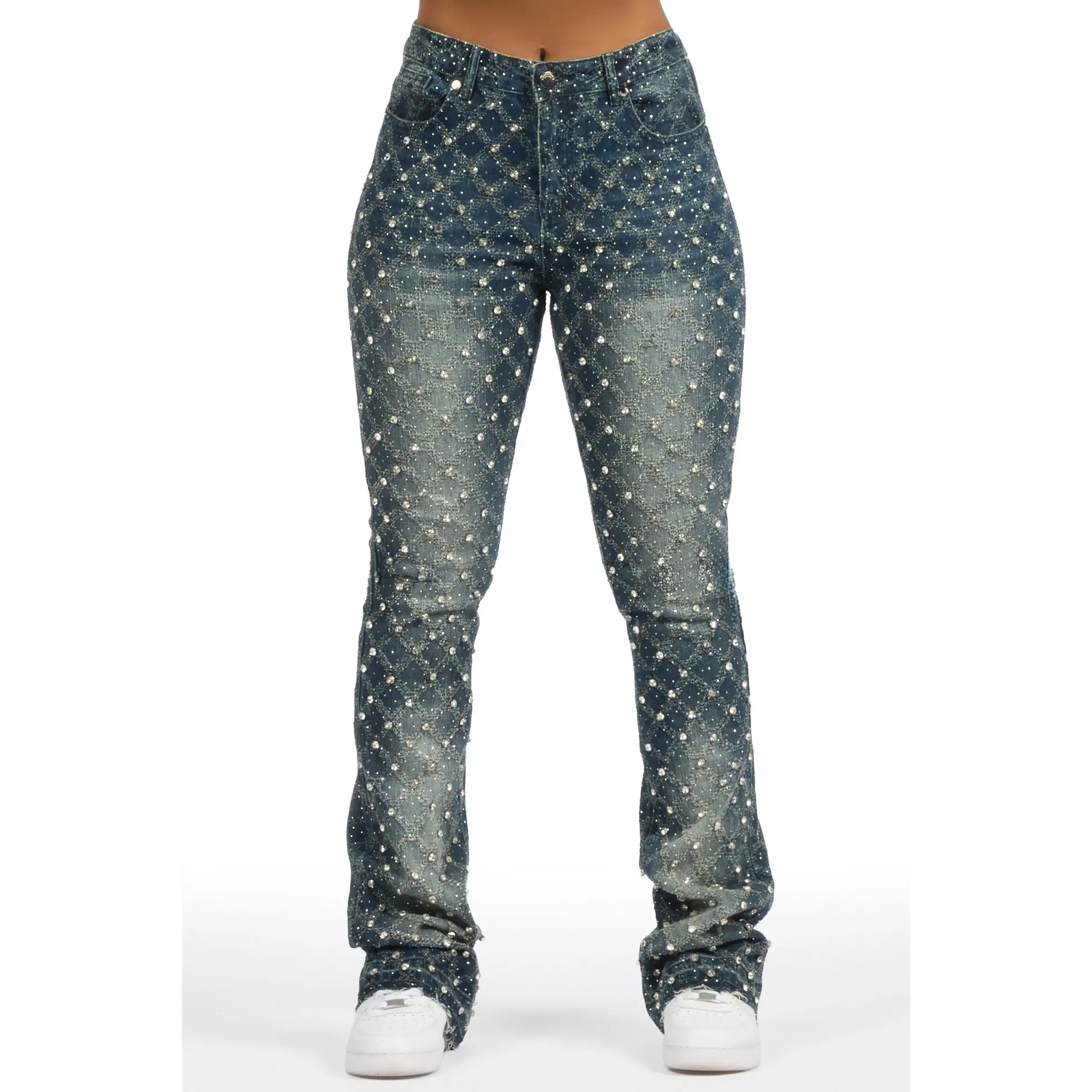 Sareka Dark Wash Rhinestone Stacked Flare Jean
