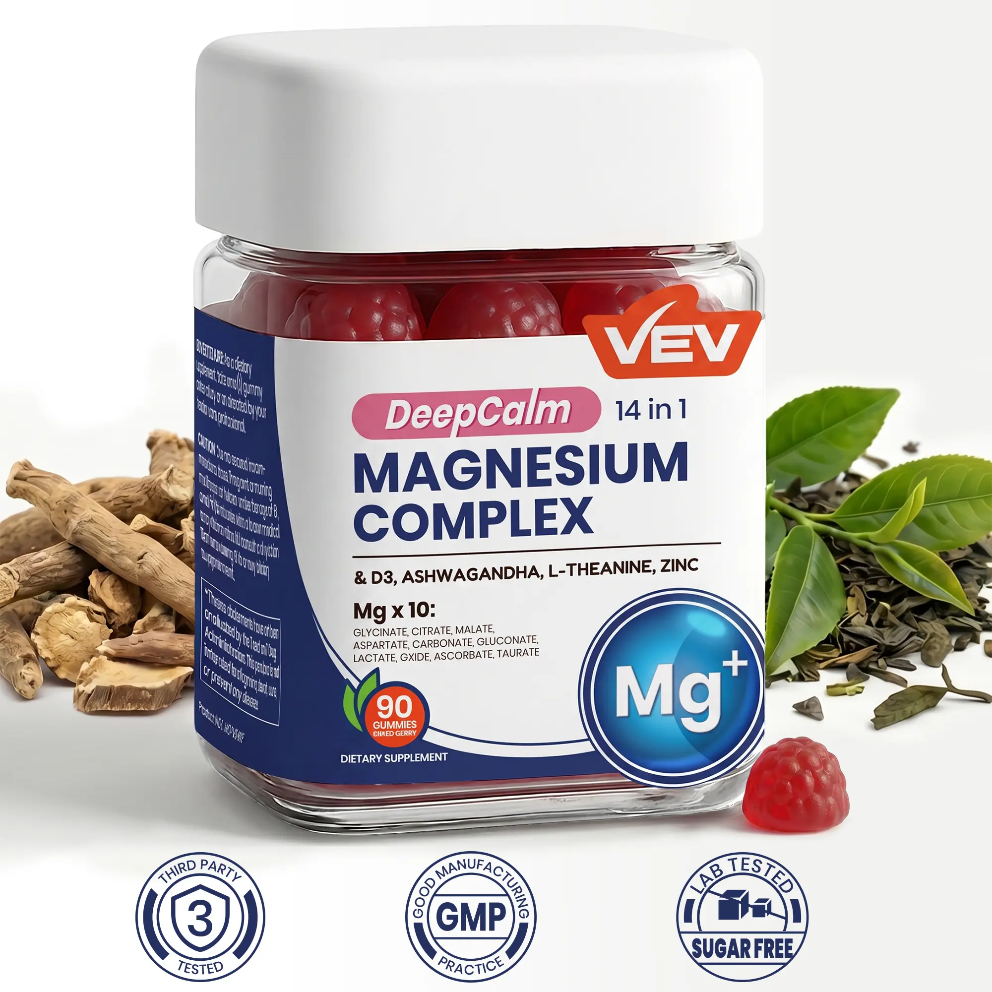 VEV DeepCalm 14-in-1 Dietary Magnesium Supplement Gummies, 90-Count Chewable Daily Supplement Pack with Ashwagandha, L-Theanine, D3, Zinc & Calming Blended Vitamins and Minerals, Chewable Dietary Supplement, Backtoschool